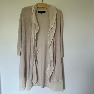Simons Beige Linen Draped Cardigan with Sheer Polyester Trim, Size Small